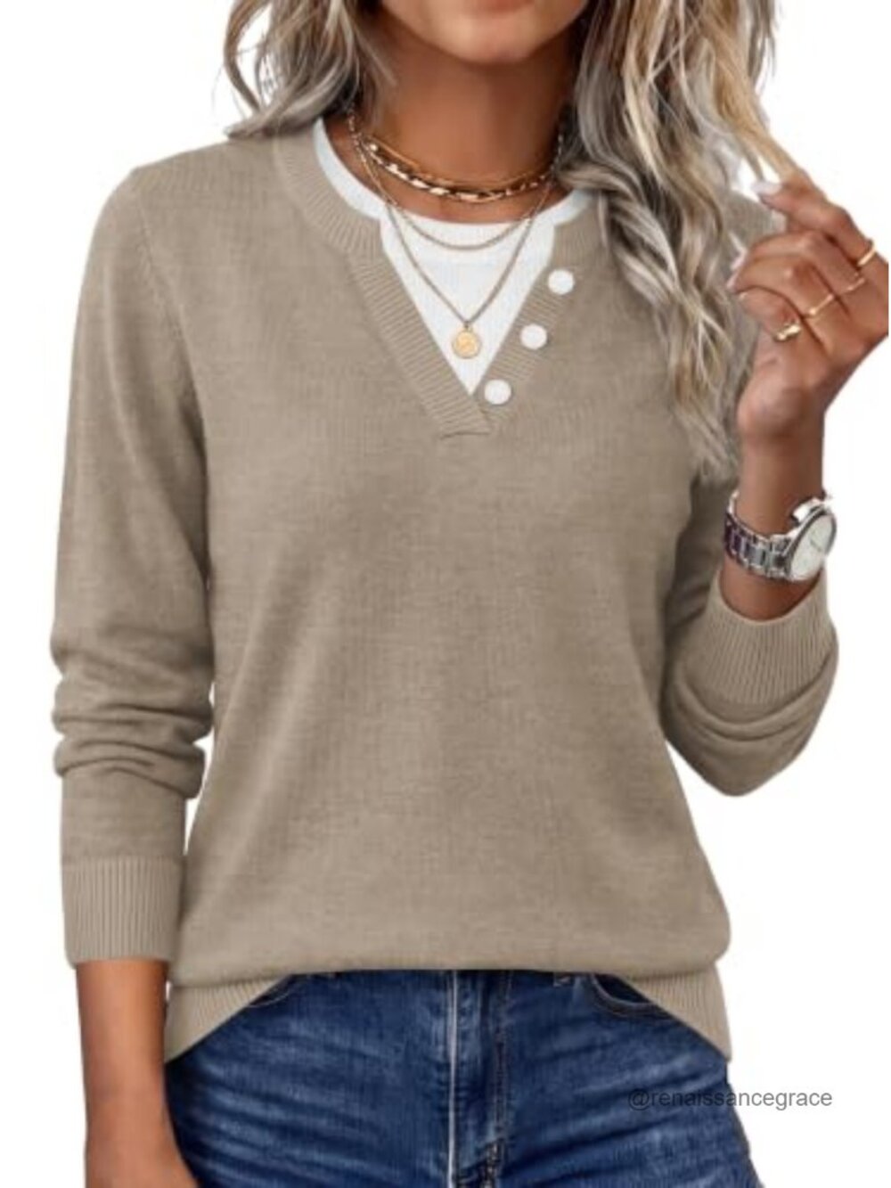 WIHOLL Lightweight Knit Sweater Women Faux Layered Button Pullover